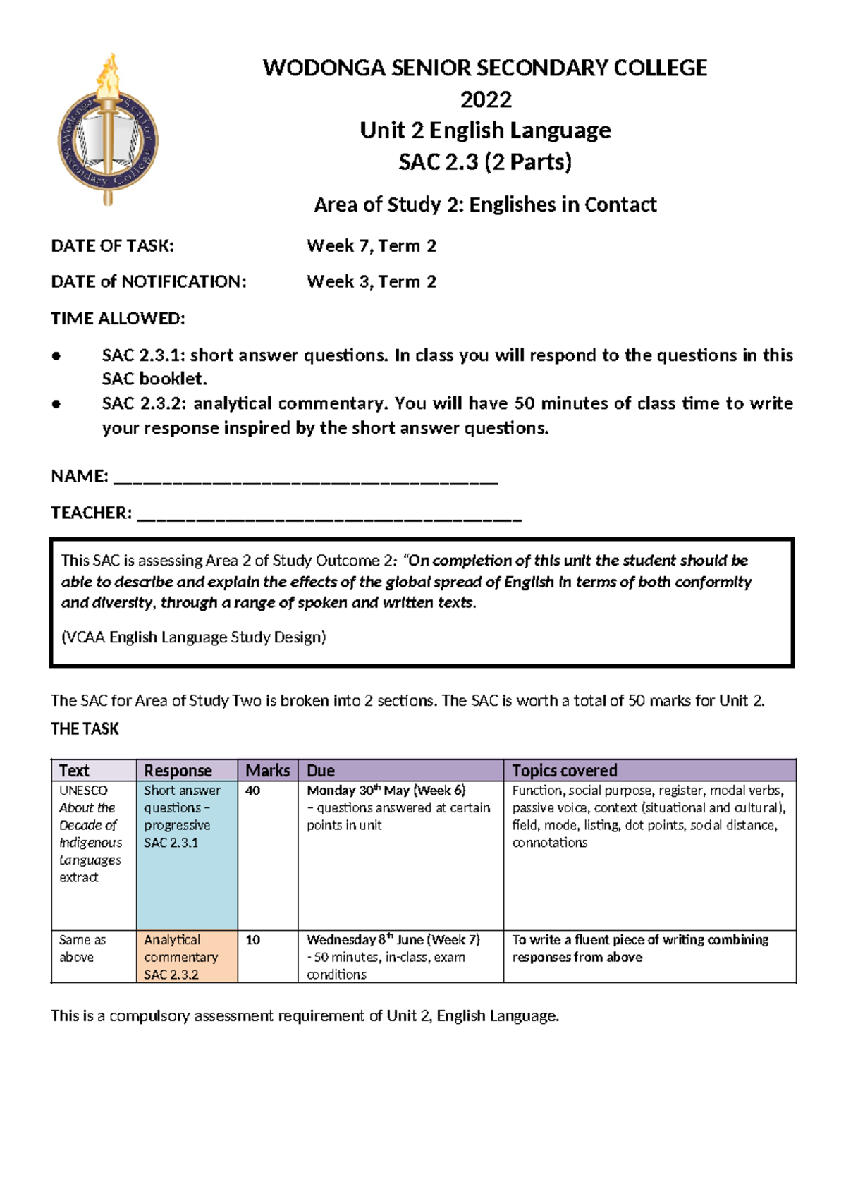 2.3 AC and SAQ - Assessment TASK final - WODONGA SENIOR SECONDARY ...