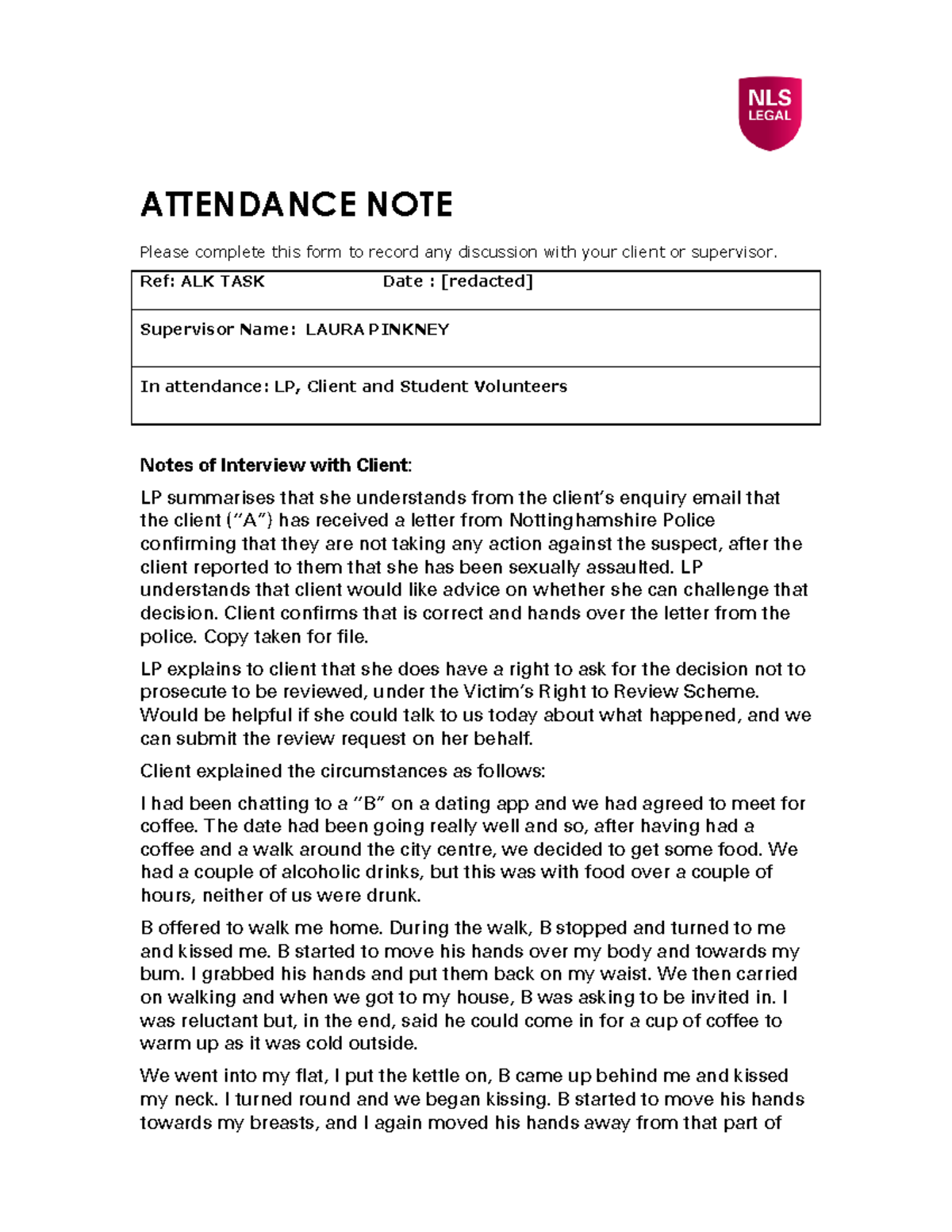ALK TASK: Attendance Note on Client Interview with LP - Studocu