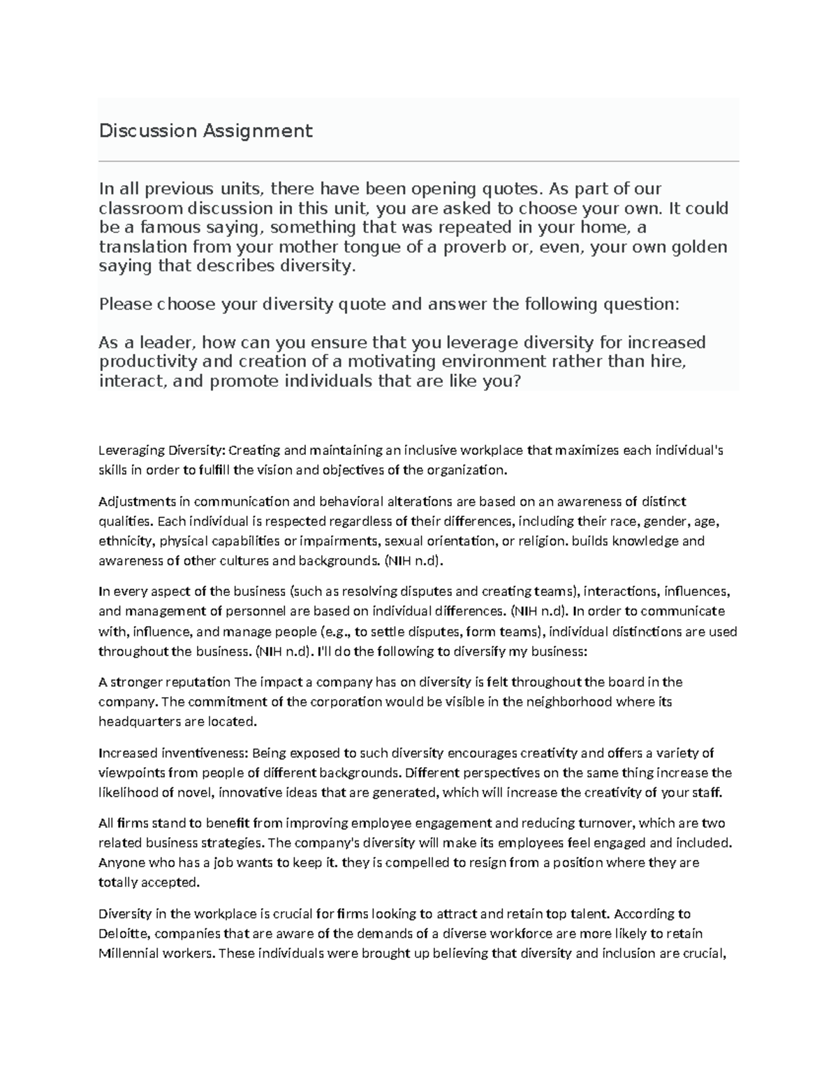 Discussion Assignment - Leveraging Diversity for Productivity and ...