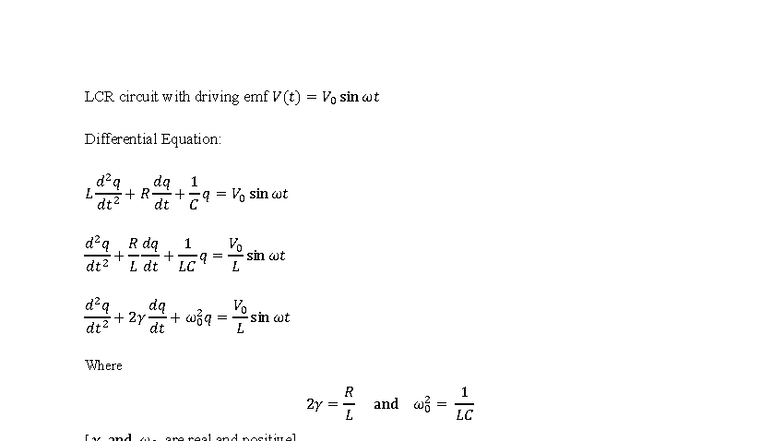 LCR Circuit Analysis: Differential Equations & Solutions - Studocu