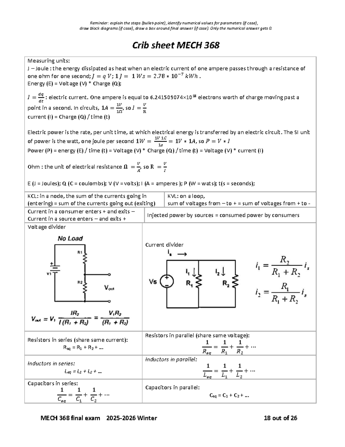 MECH 368 Final Exam Crib Sheet: Key Concepts & Formulas - Studocu