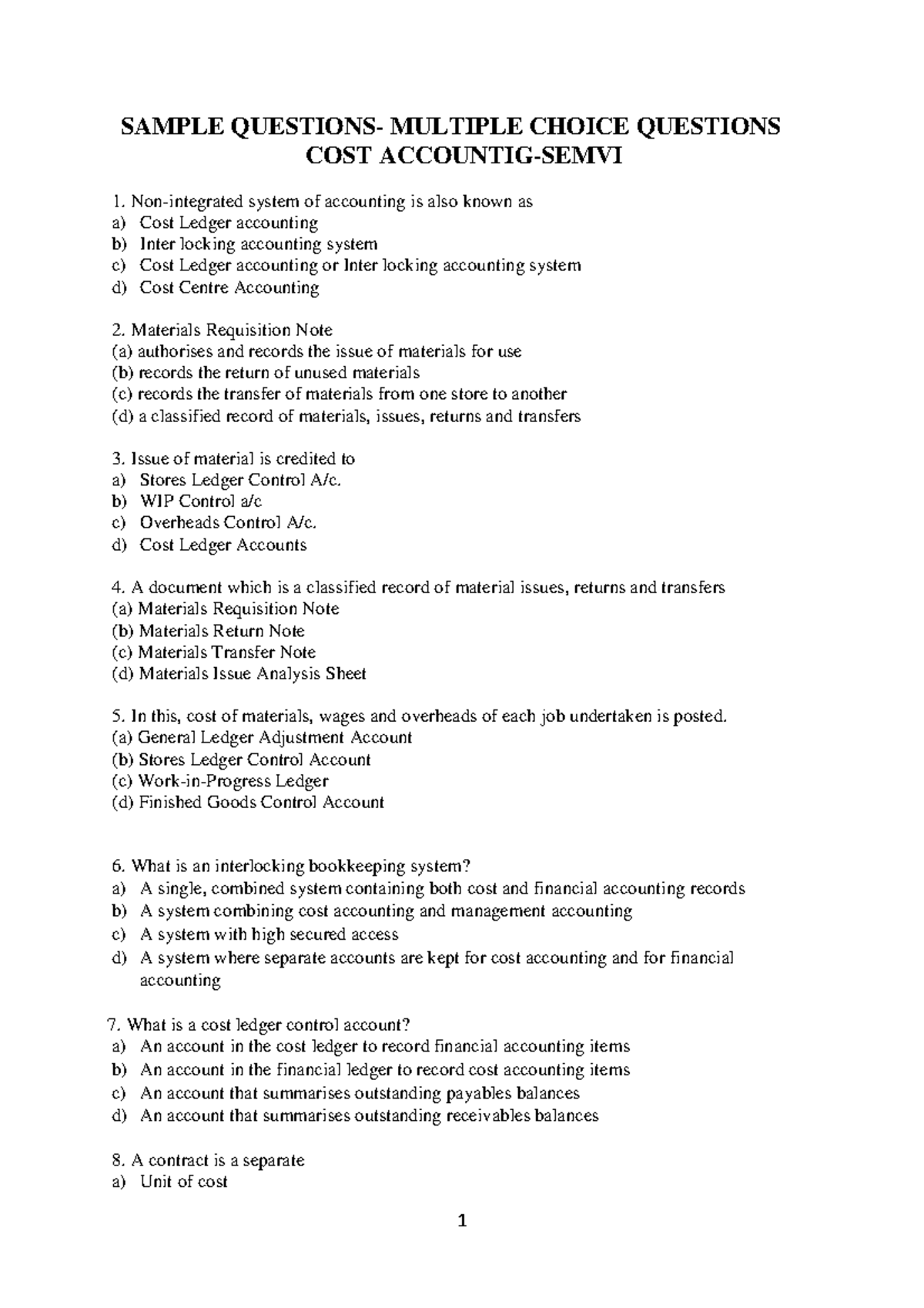 Sample MCQ Questions for Cost Accounting (Cost 1) - Sem VI - Studocu