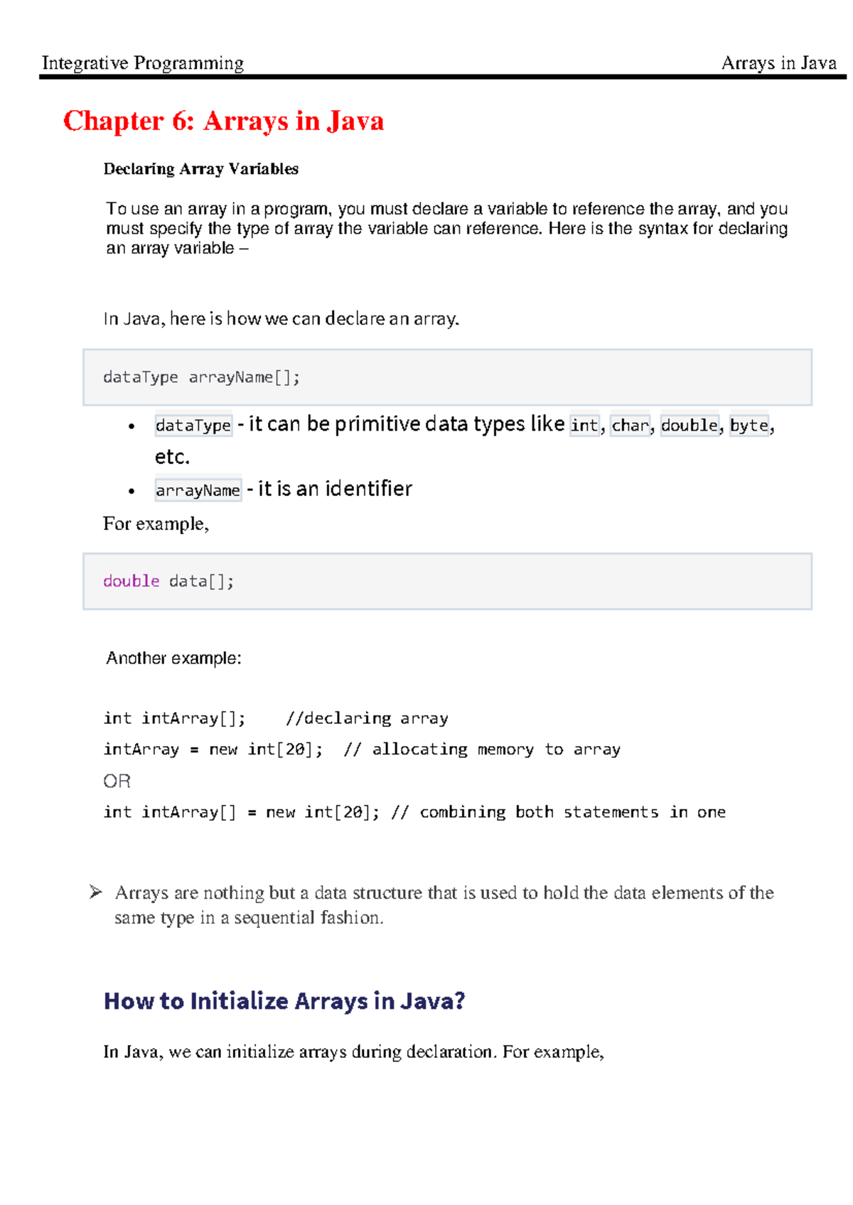 JAVA Arrays 2 - Lecture Notes on Declaring and Initializing Arrays ...