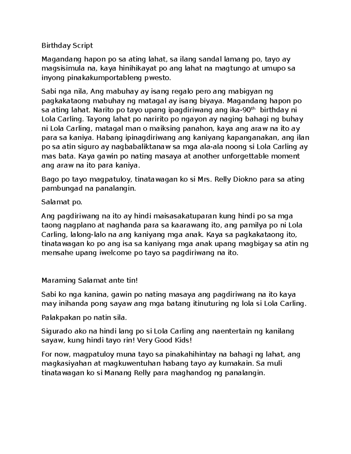 90TH Birthday Celebration Script for Lola Carling - Studocu
