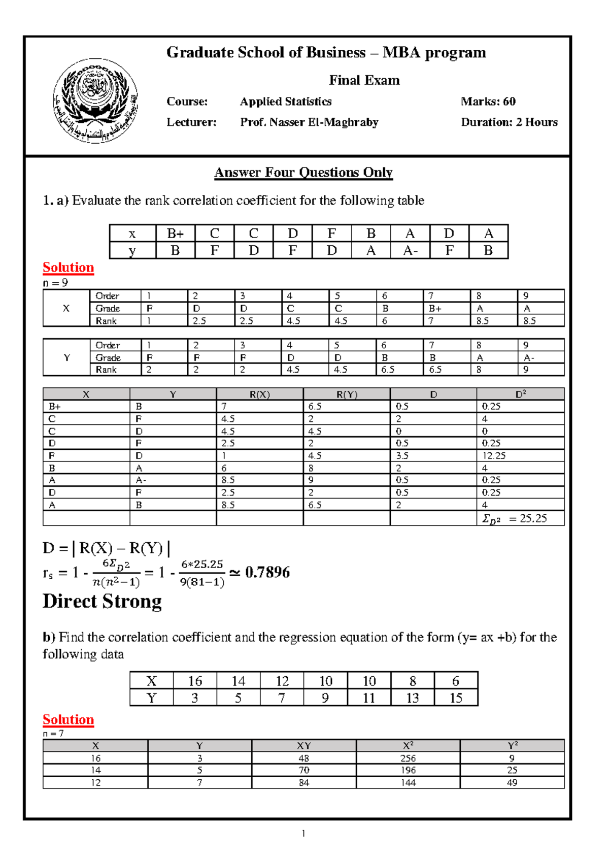 MBA 2023 Applied Statistics Final Exam Solutions and Analysis - Studocu