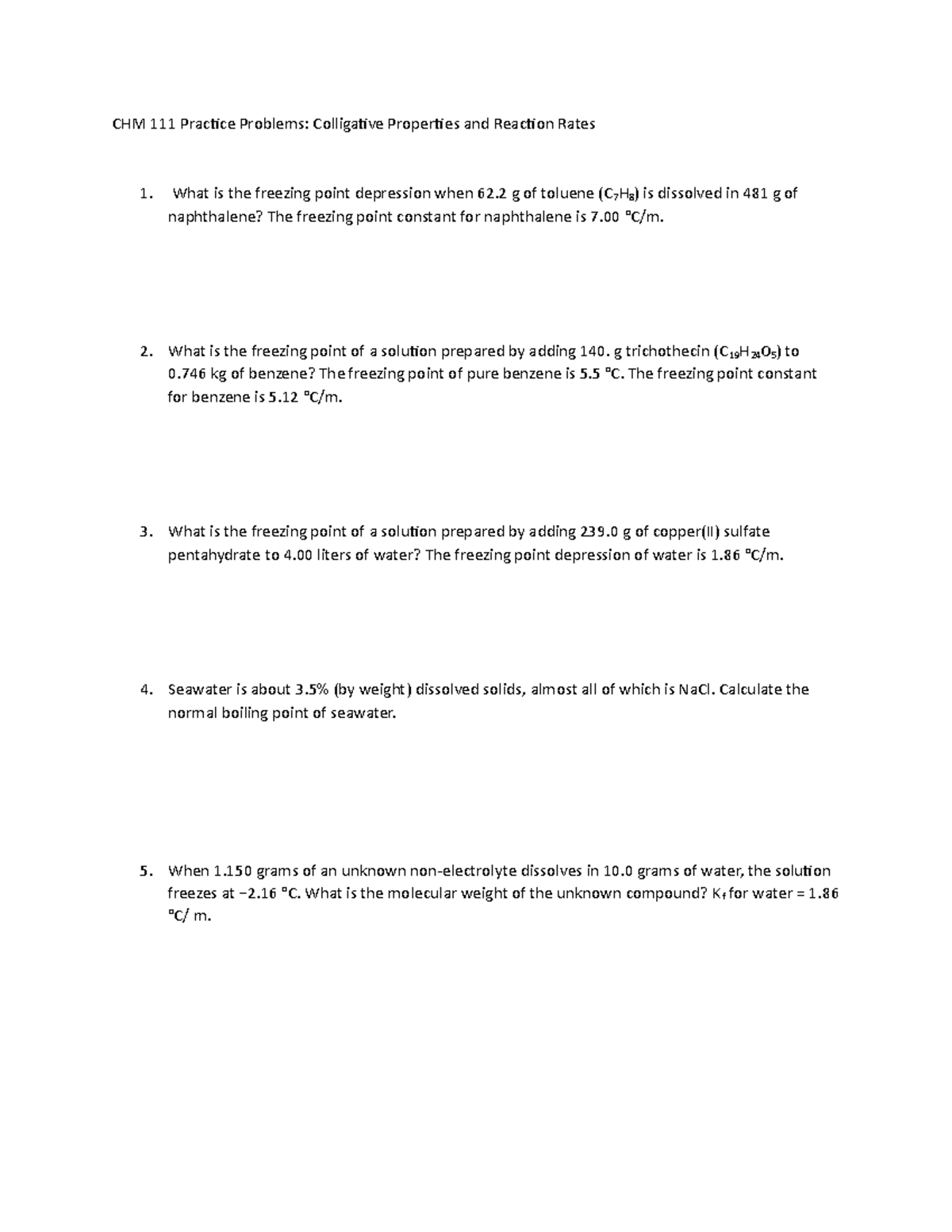 CHM 111 Practice Problems: Colligative Properties & Reaction Rates ...