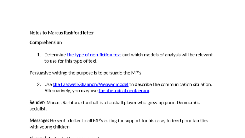 Analysis of Marcus Rashford's Persuasive Letter: Comprehension Notes ...