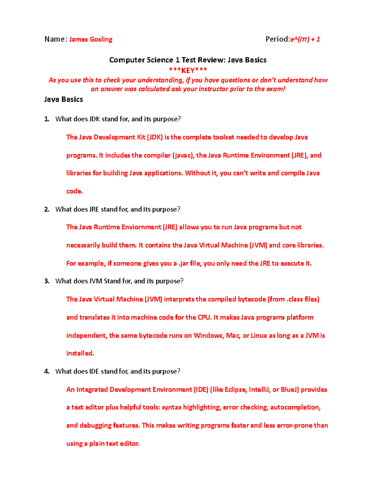 Computer Science 1 Midterm Review: Java Basics Key 2025/26 - Studocu