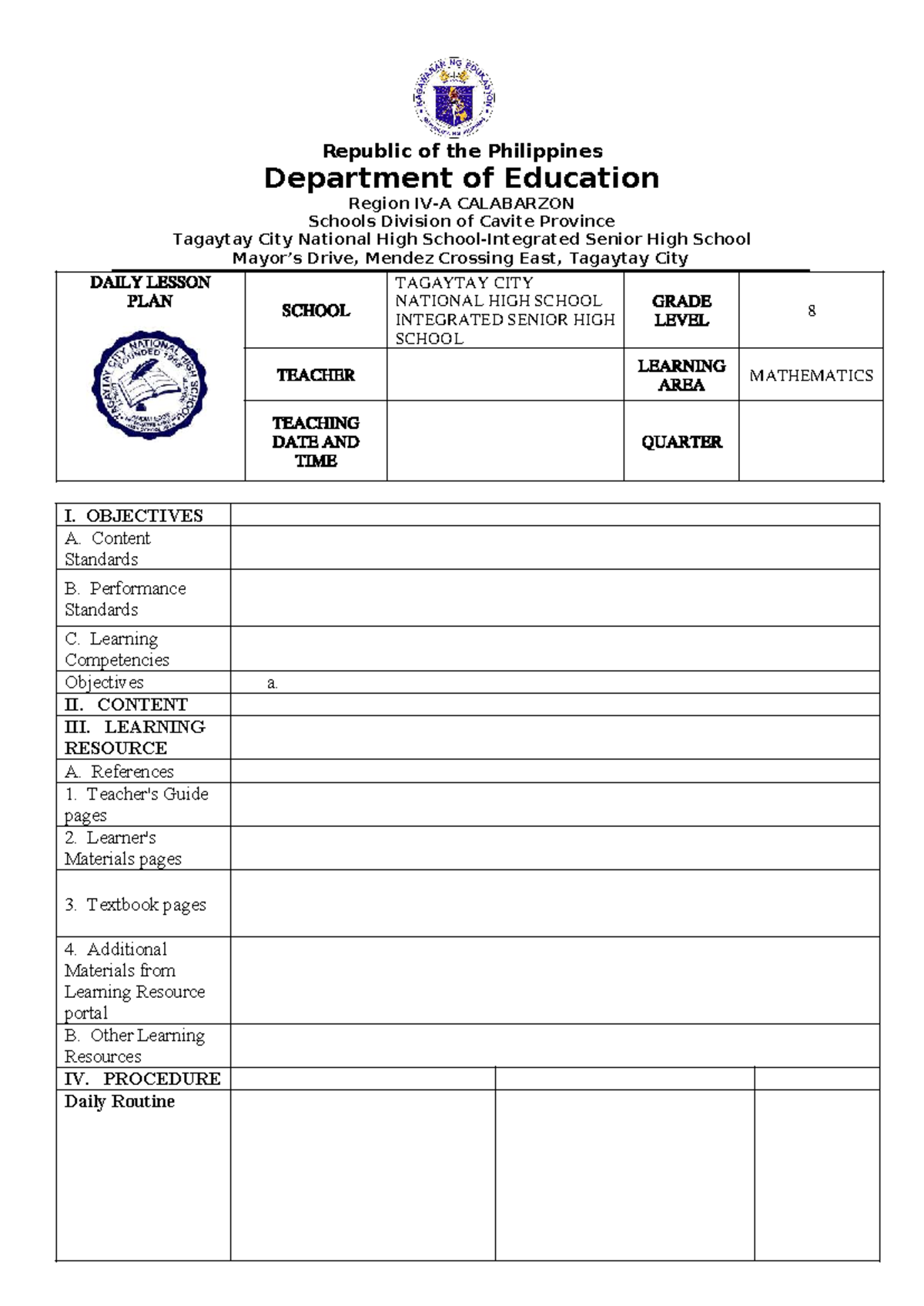 Daily Lesson Plan for Grade 8 Mathematics (D1P) - Studocu