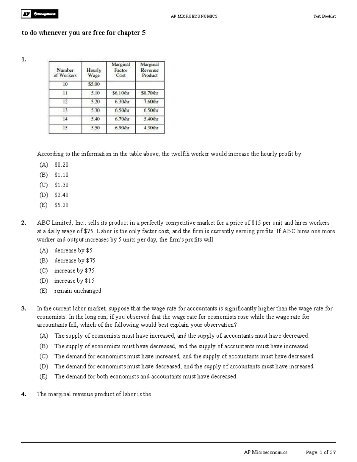 AP MICROECONOMICS Chapter 5 Test Booklet for Review - Studocu