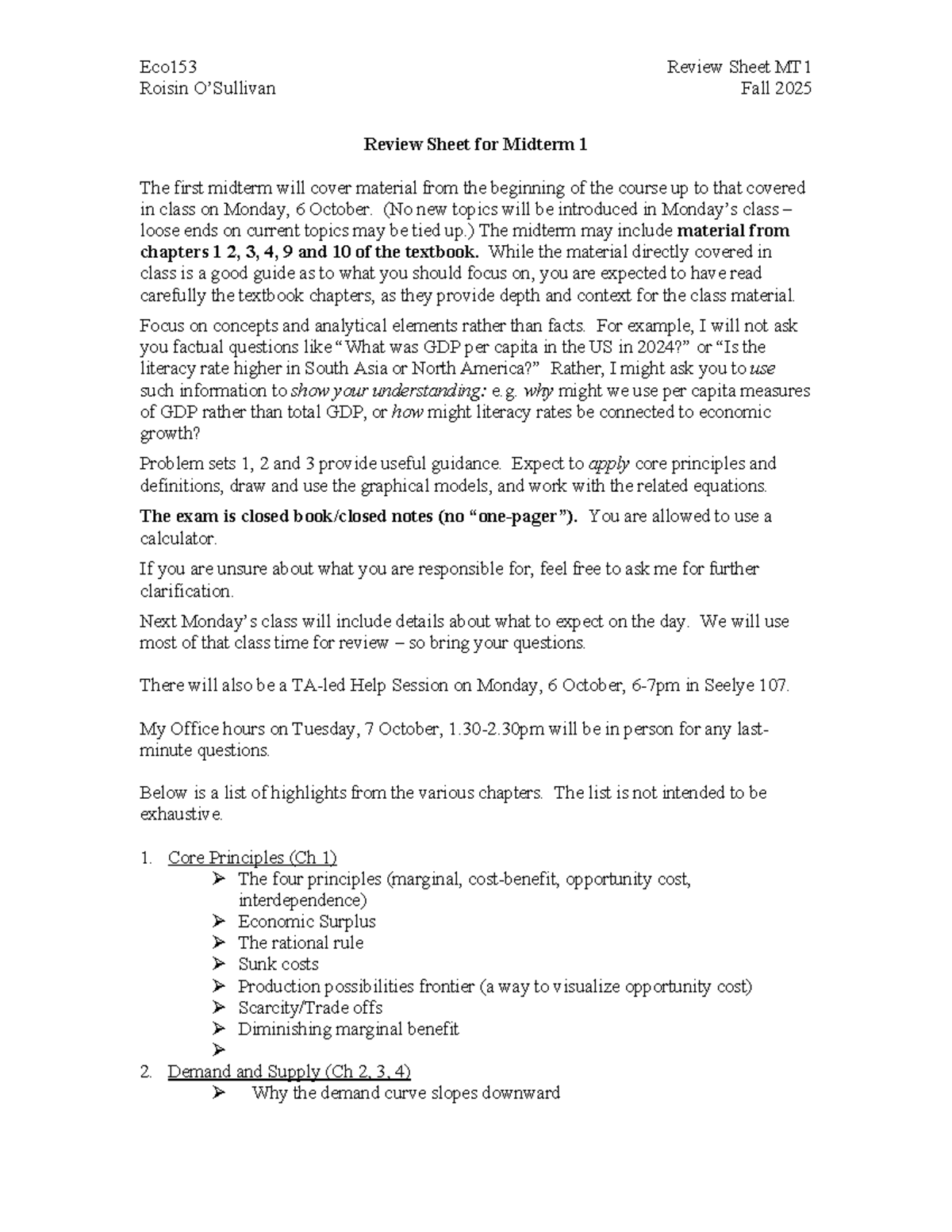 Eco153 Midterm 1 Review Sheet - Key Concepts & Topics Fall 2025 - Studocu