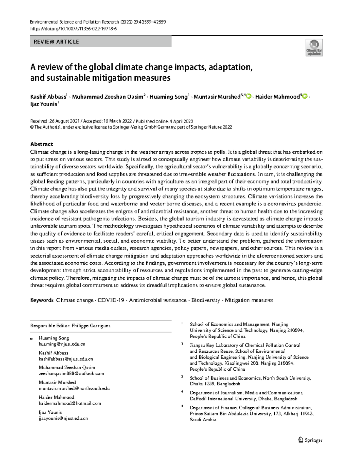 A Comprehensive Review of Climate Change Impacts and Mitigation ...
