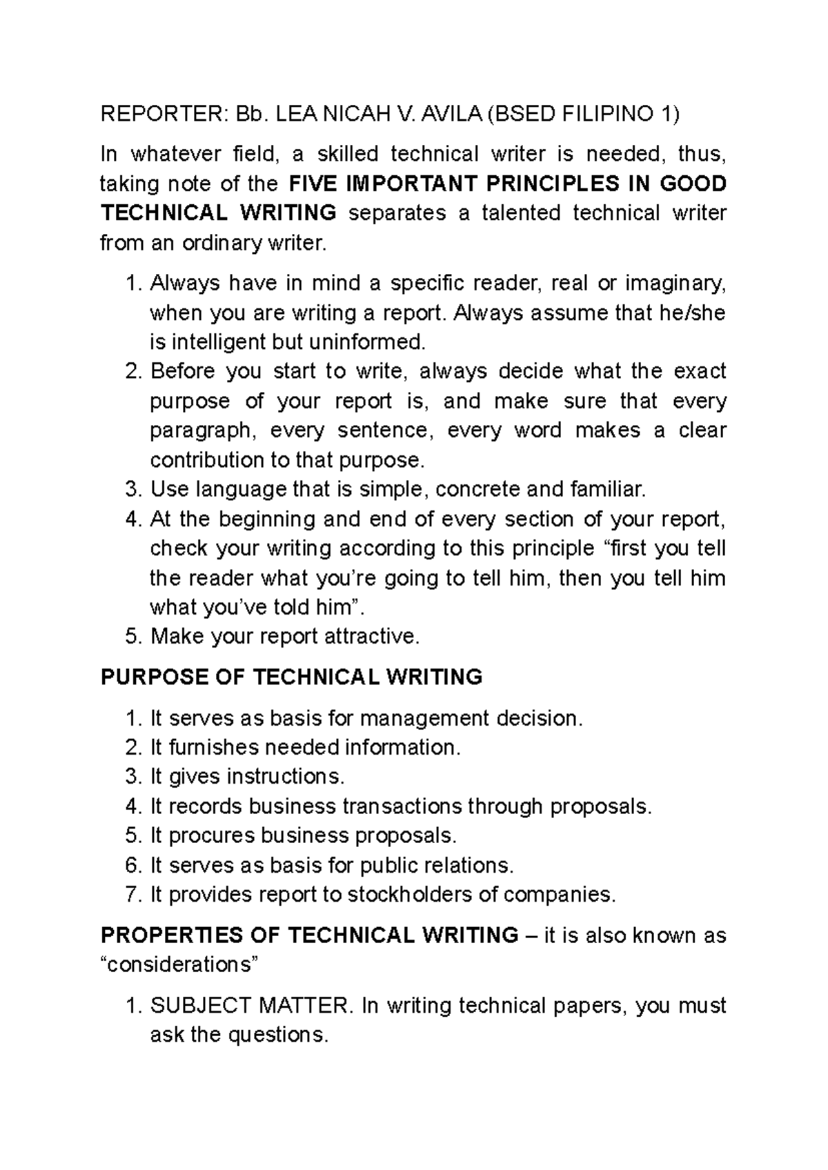 BSED FILIPINO 1: Key Principles of Good Technical Writing - Studocu