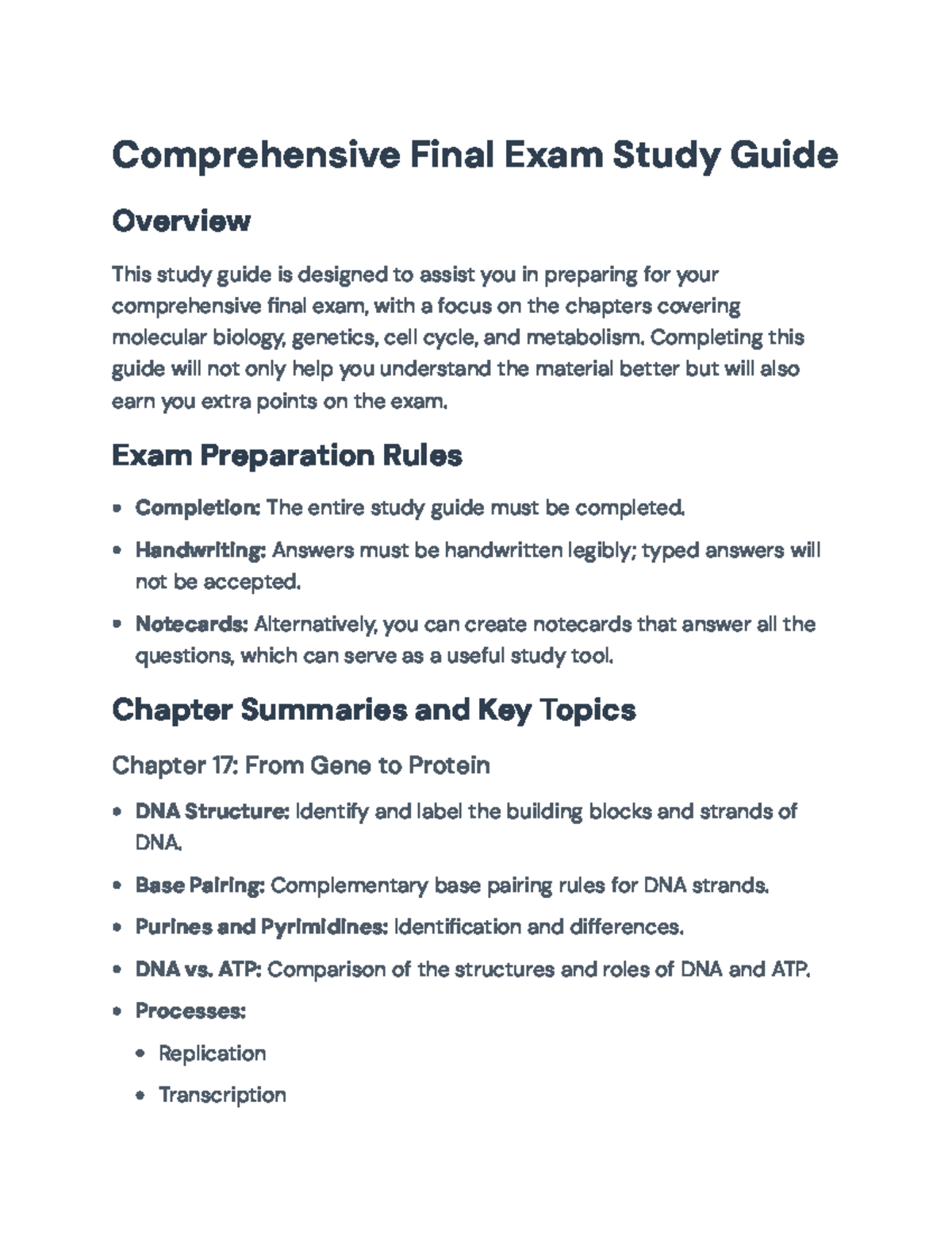 Comprehensive Final Exam Study Guide (Biology 101) - Comprehensive ...