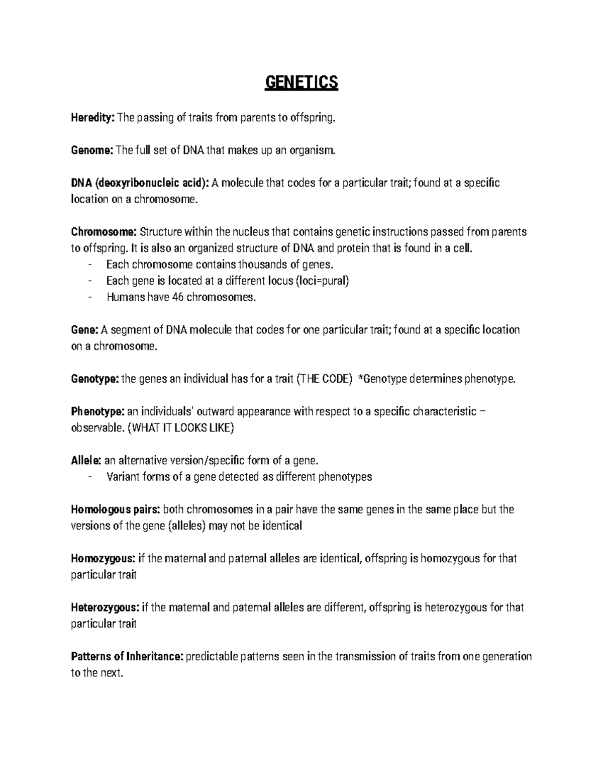 Genetics Notes for Course GEN 101: Key Concepts and Processes - Studocu