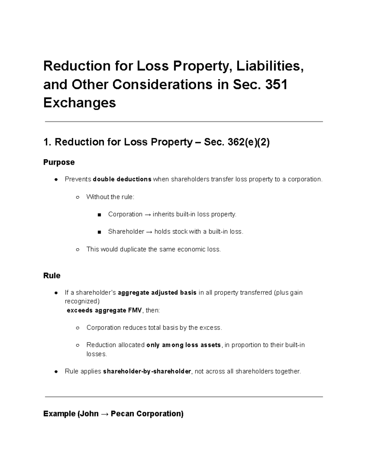Reduction of Loss Property & Liabilities in Sec. 351 Exchanges - Studocu
