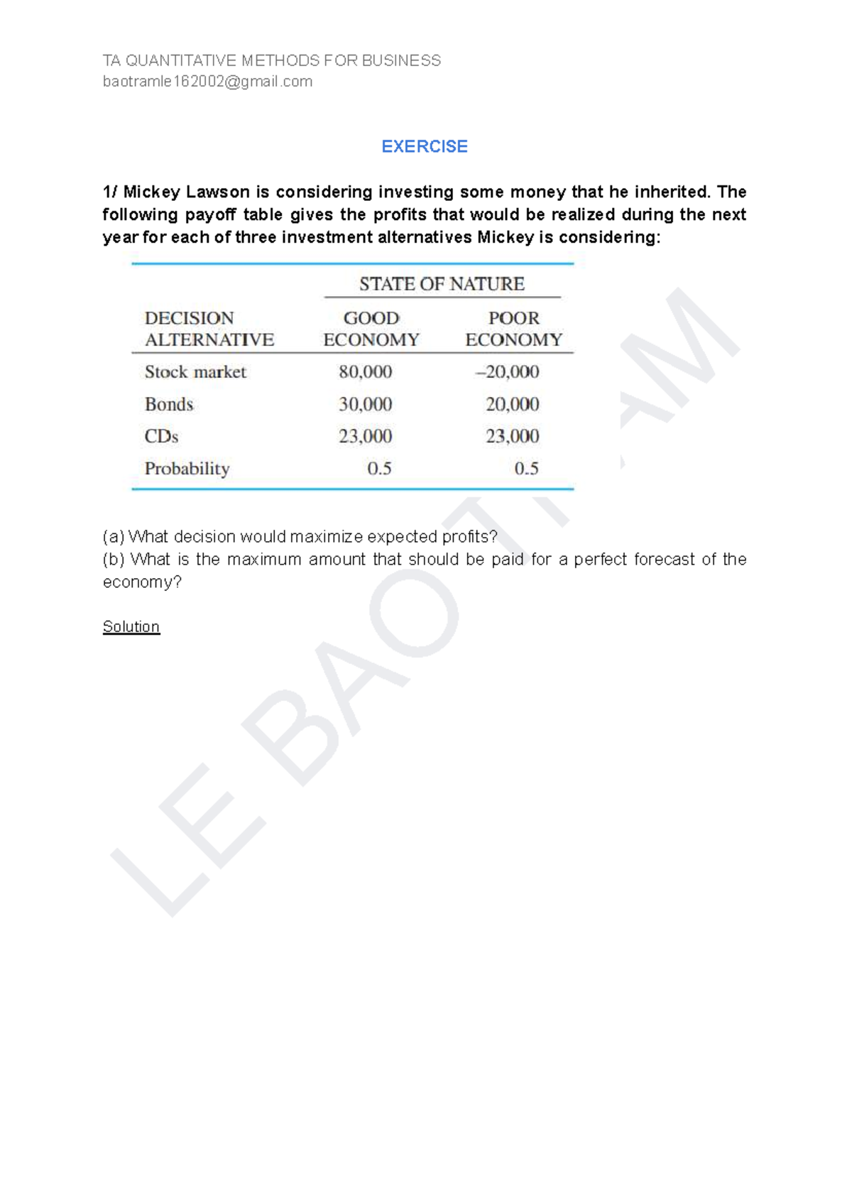 TA QUANTITATIVE METHODS FOR BUSINESS EXERCISE MIDTERM Analysis and ...