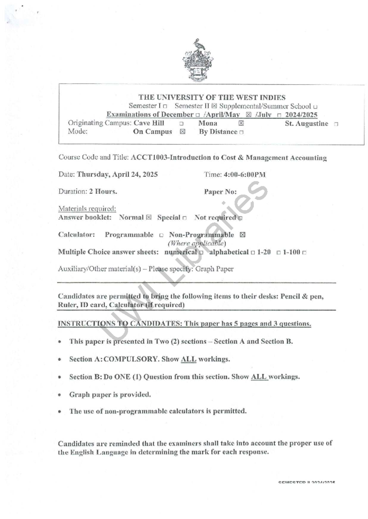ACCT1003 2025 - Cost Management Accounting Exam Paper - Studocu