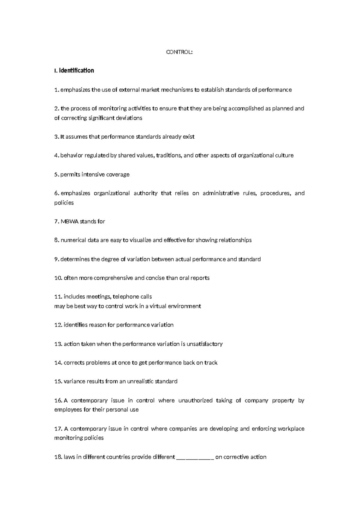 Control review - CONTROL: I. Identification emphasizes the use of ...