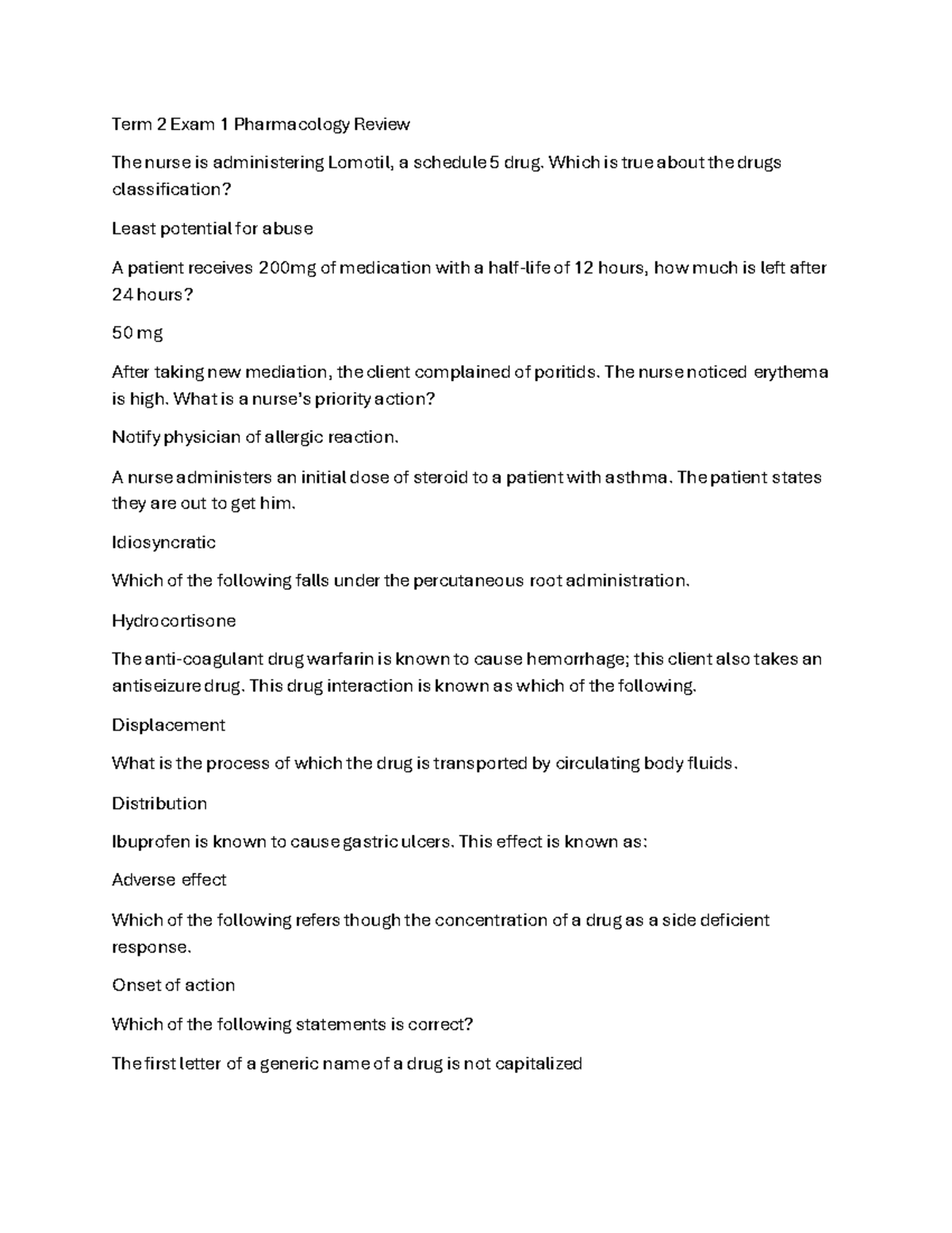 Term 2 Exam 1 Pharmacology Study Guide and Review Notes - Studocu