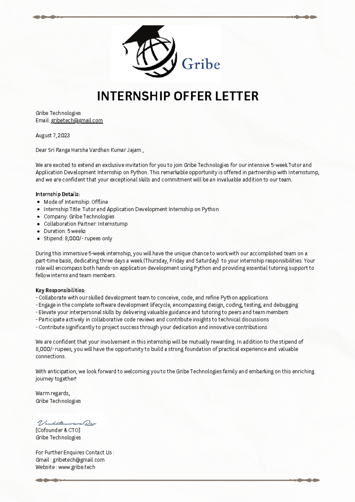 Internship Offer Letter: Tutor & App Dev on Python - Gribe Tech - Studocu