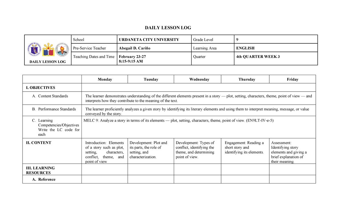 ESP DLL - Daily Lesson Log for Grade 9 English (4th Quarter, Week 3 ...