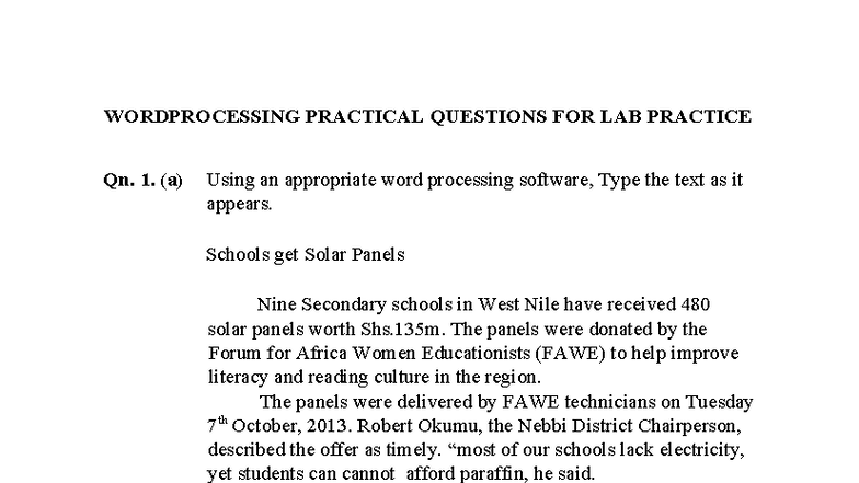 Wordprocessing Practical Questions for LAB Practice - Studocu