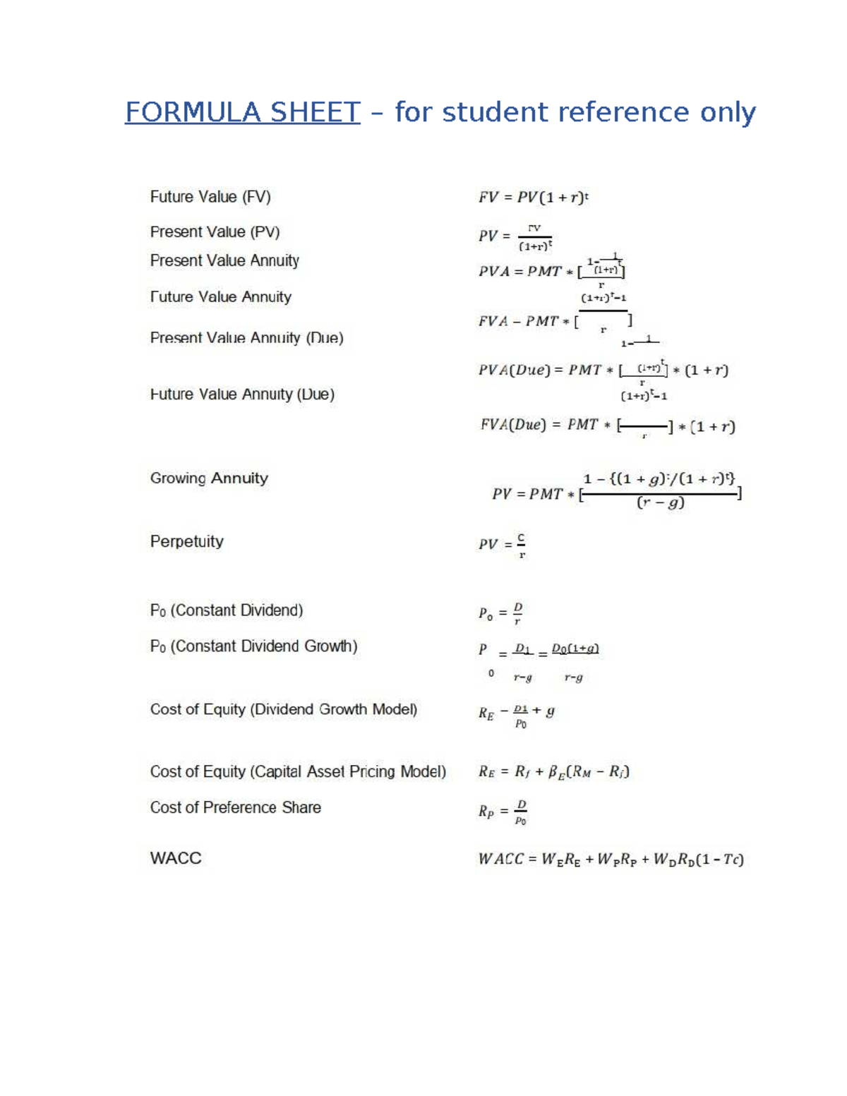Formula Sheet: Future Value & Present Value Concepts - Studocu