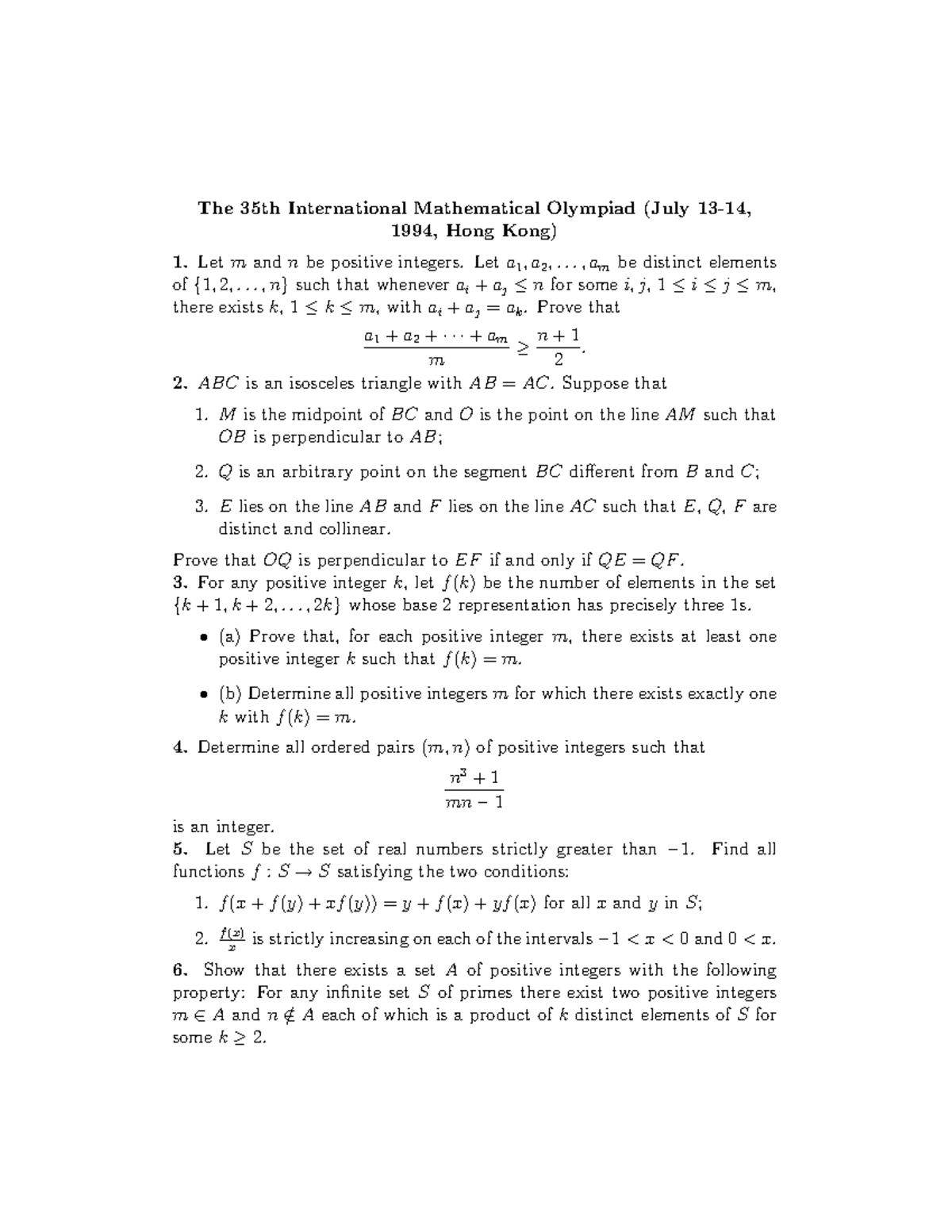 The 35th International Mathematical Olympiad problems and solutions (1994) - Studocu