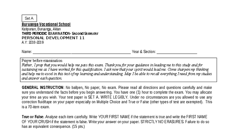 Perdev 11 Exam Set A: Personal Development 3rd Periodic Test - Studocu