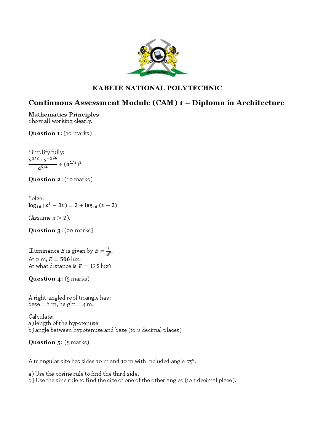 ARD600 Continuous Assessment Module 1 - Diploma in Architecture Math ...
