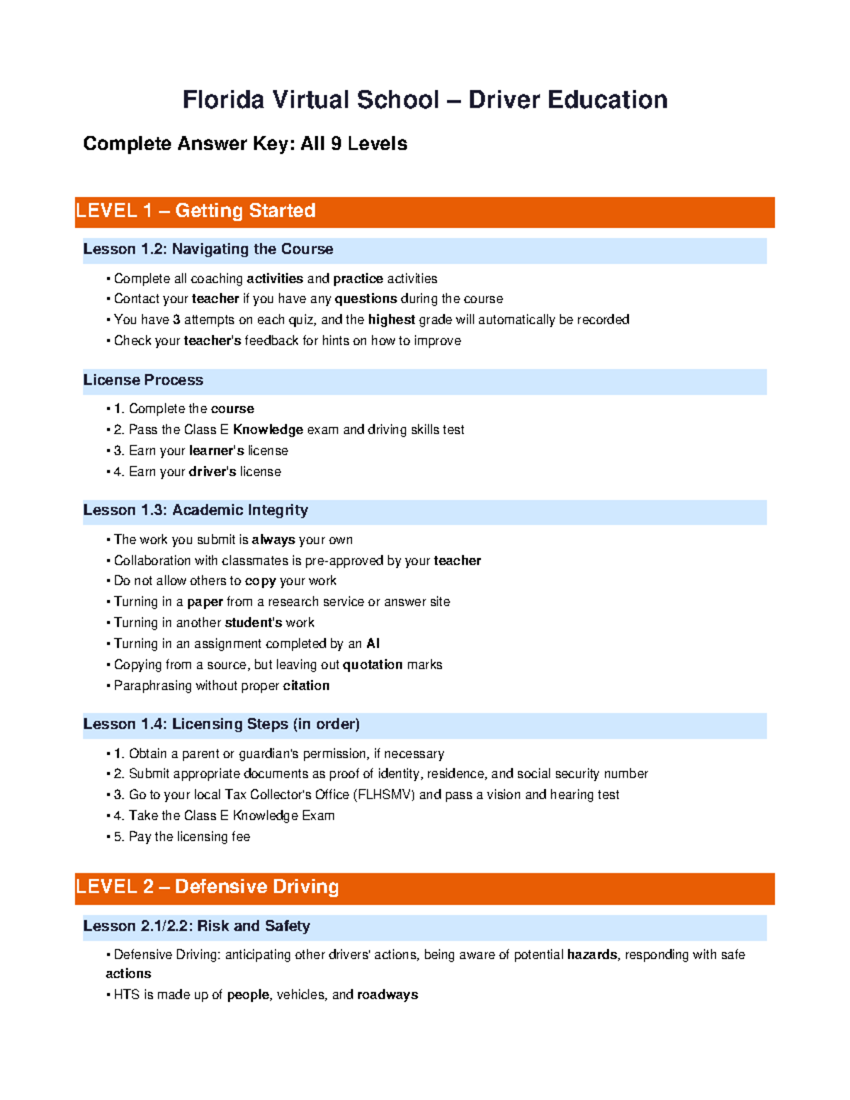 Florida Virtual School Driver Ed Complete Answer Key: All Levels - Studocu