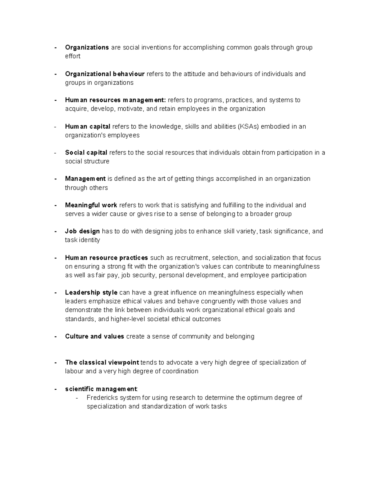 MHR Midterm Definitions: Key Concepts in Organizational Behavior - Studocu
