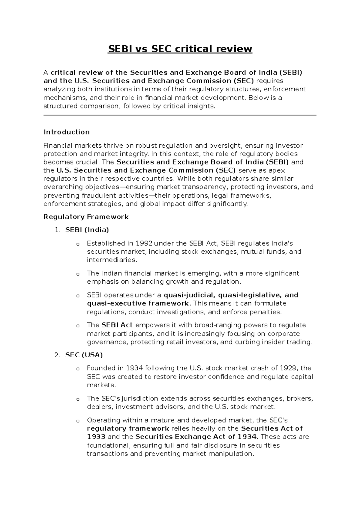 SEBI vs SEC: A Critical Review of Regulatory Frameworks and Enforcement ...