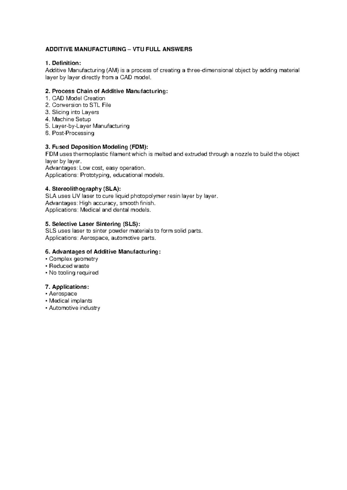 Additive Manufacturing VTU Comprehensive Guide and Answers - Studocu