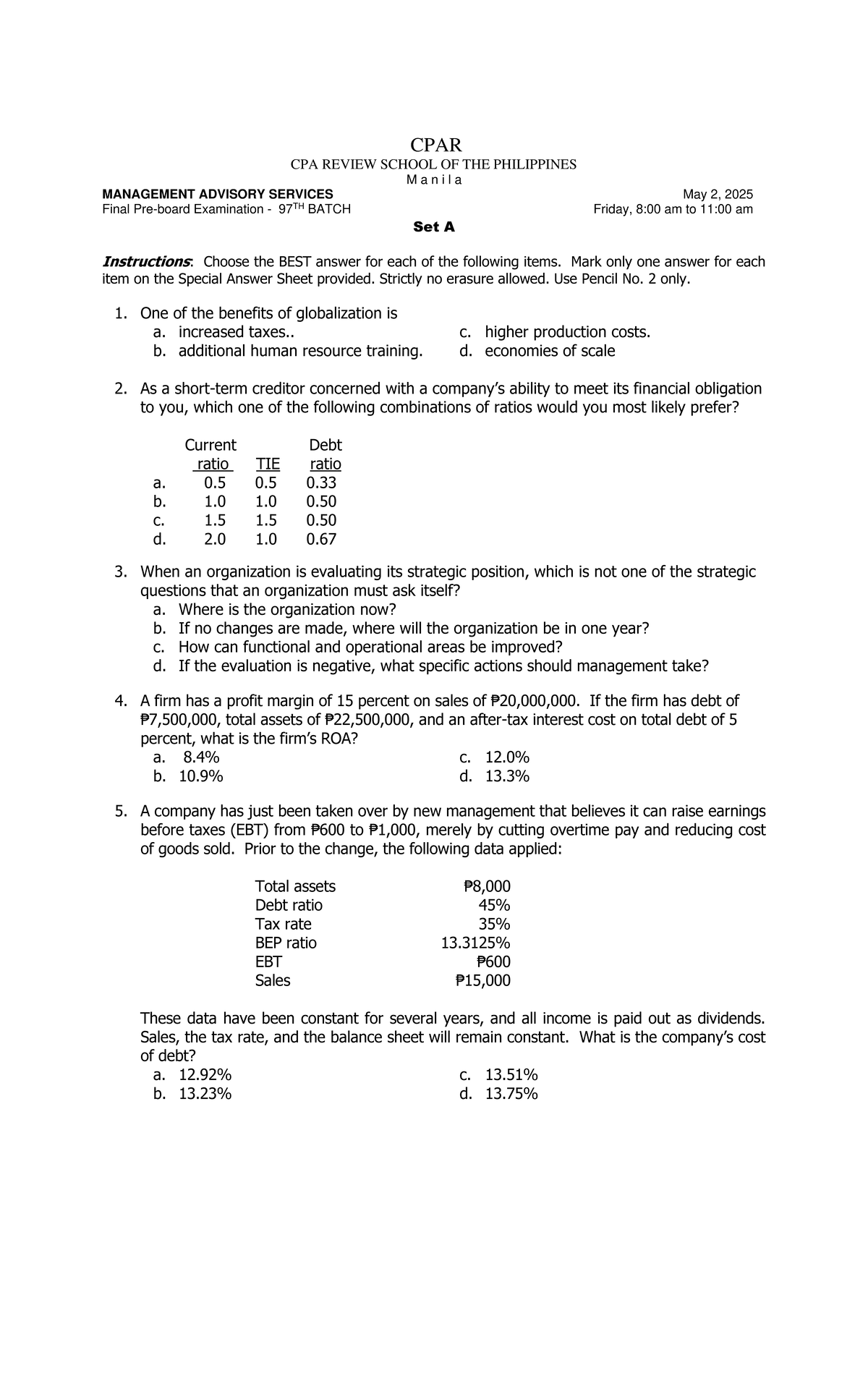 CPAR MANAGEMENT ADVISORY SERVICES Final Exam 97TH BATCH May 2, 2025 ...