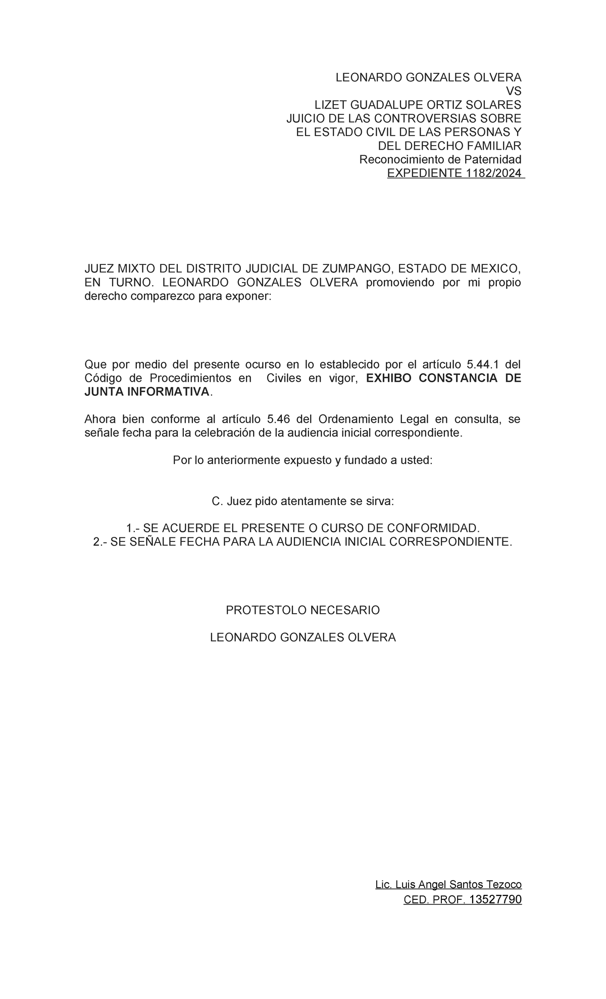 Constancia de Junta Informativa en Juicio de Controversias Civiles ...
