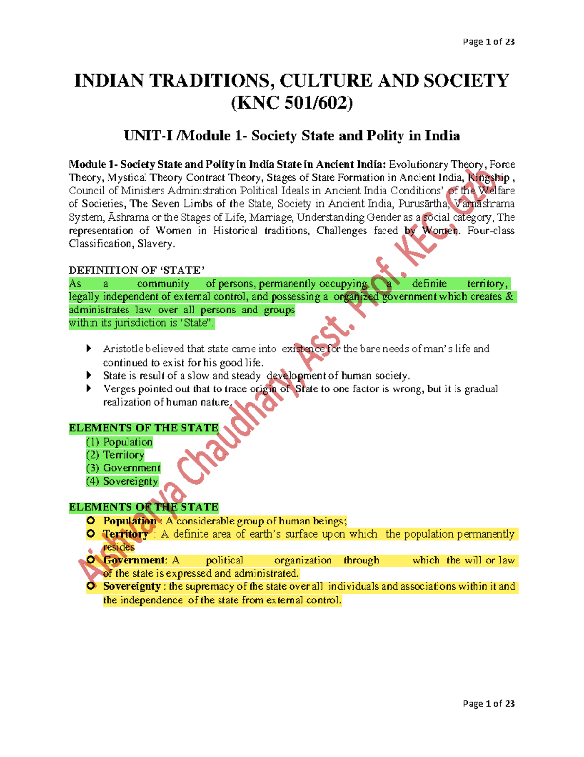 KNC 501/602 ITCS Unit 1 Notes - Society, State, and Polity in India ...
