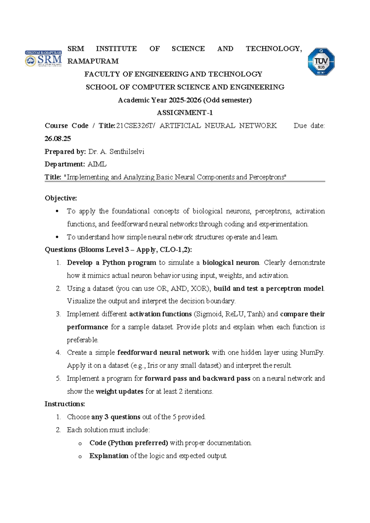 Artificial Neural Networks (CSE) - Assignment 1: Coding & Analysis ...