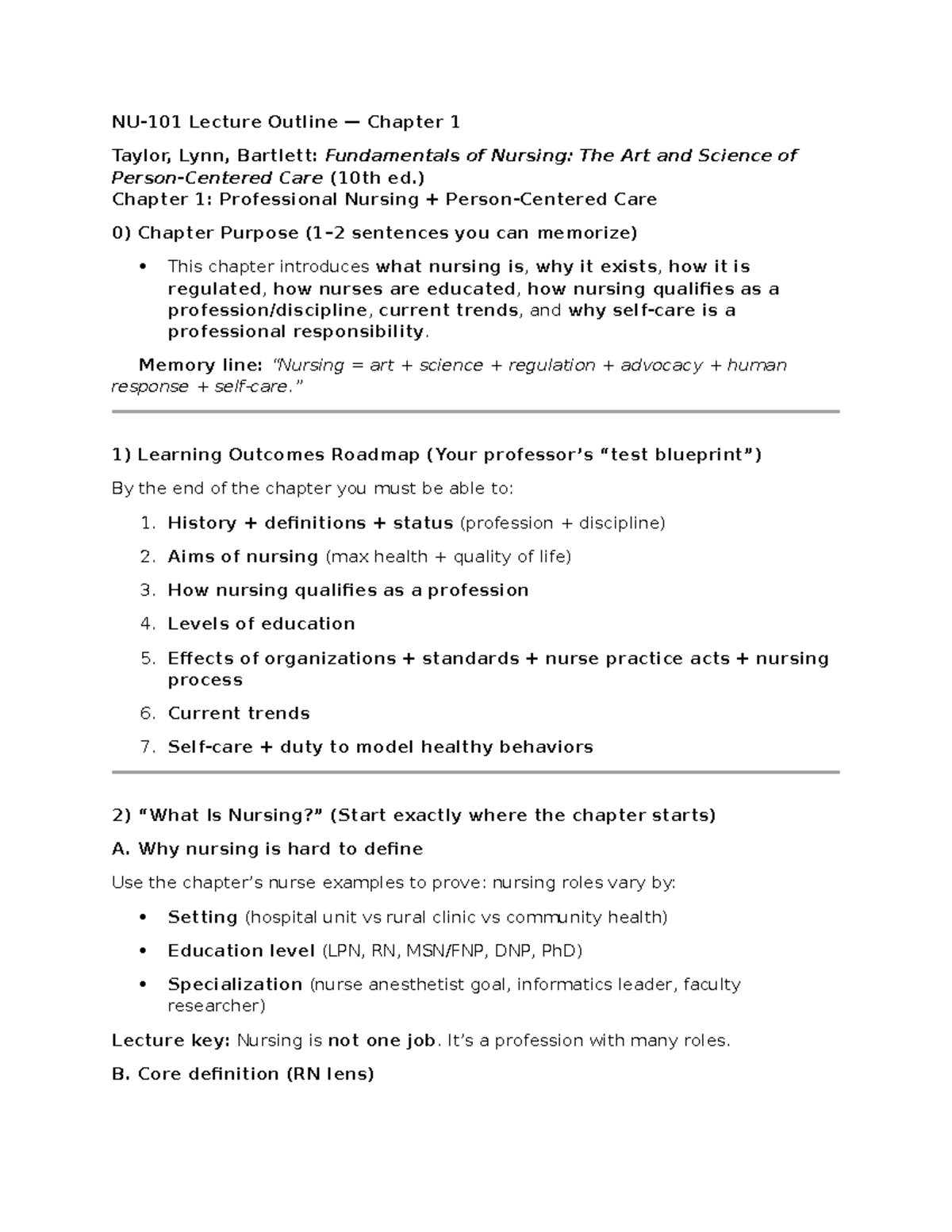 NUR 101 Lecture Outline: Chapter 1 - Professional Nursing Care ...