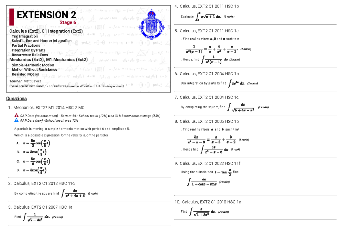 EXT2 Mechanics & Calculus Exam Revision Notes HSC 2011-2022 - Studocu