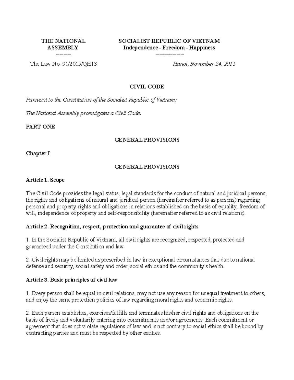 Civil code 2015 - THE NATIONAL ASSEMBLY - SOCIALIST REPUBLIC OF VIETNAM ...