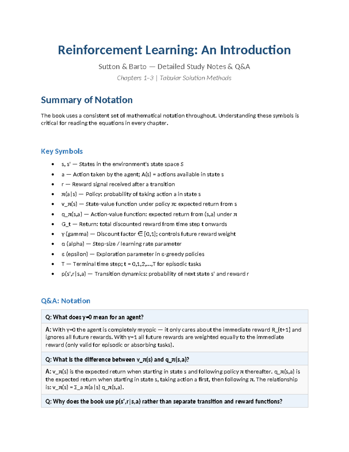 RL Sutton Barto Notes: Chapters 1-3 Summary and Key Concepts - Studocu