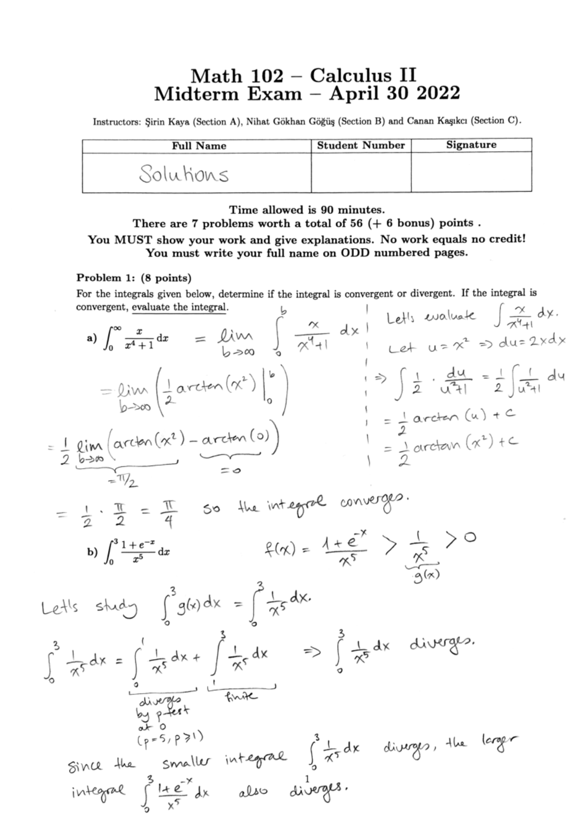 202102 mid soln - Math 102 Calculus II Midterm Exam April 30 2022 ...
