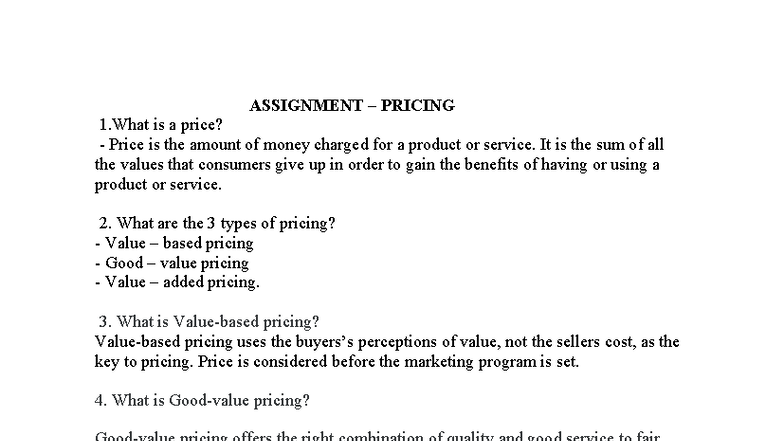 Assignment on Pricing Strategies (MKT) - Studocu