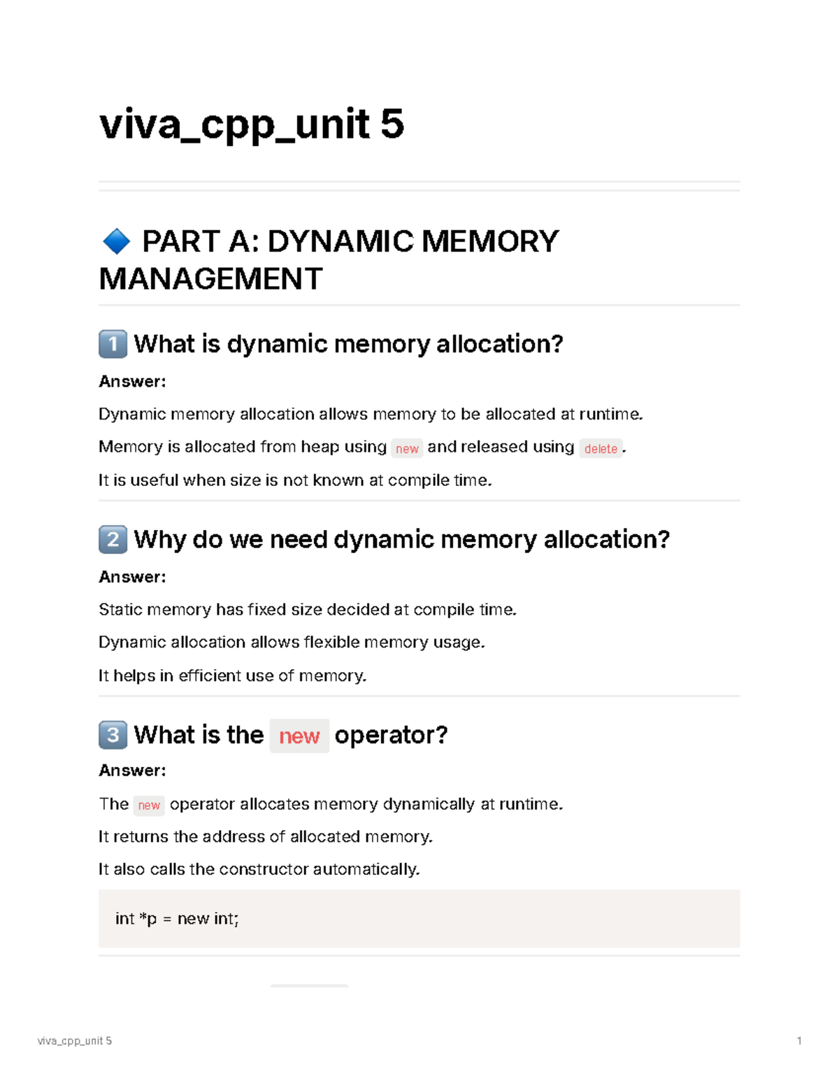 Viva_CPP Unit 5: Dynamic Memory Allocation & Management - Studocu