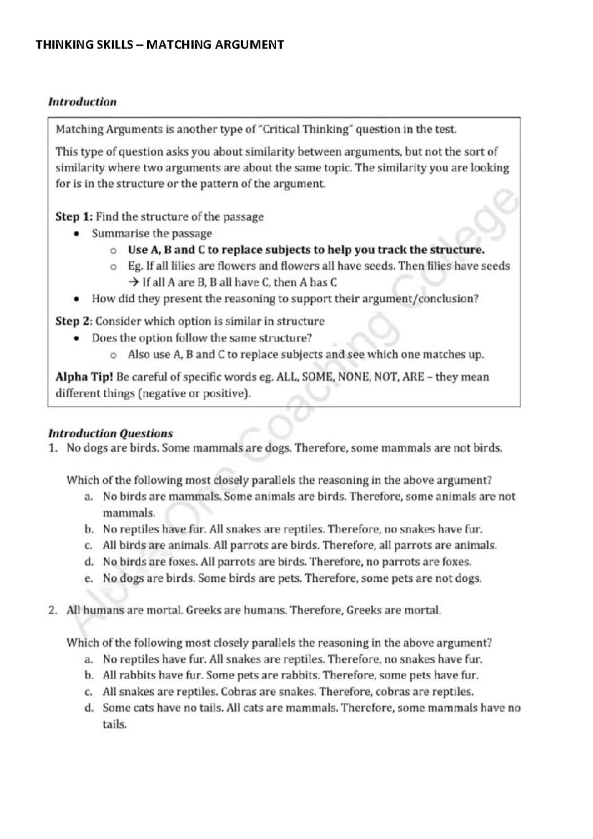 THINKING SKILLS MATCHING ARGUMENTS - ANALYSIS & EXAMPLES - Studocu