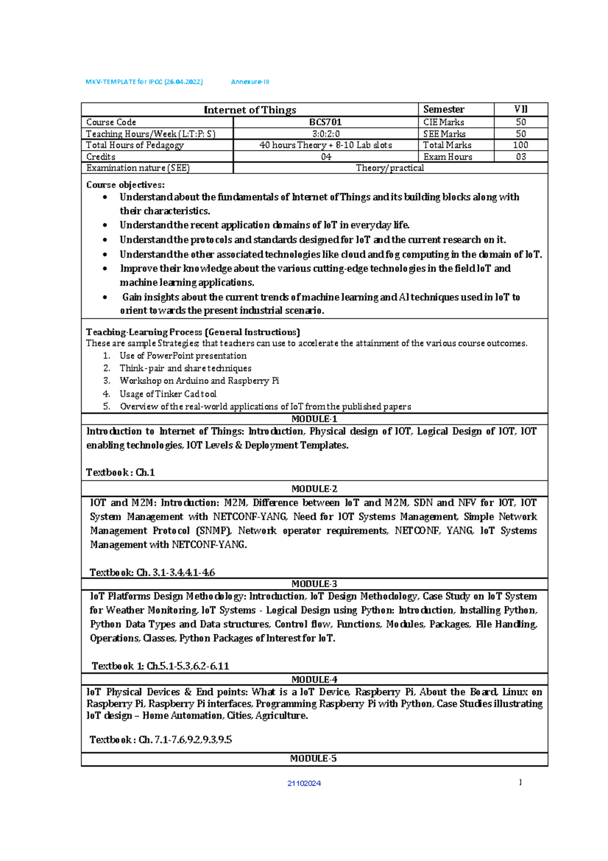 IOT Syllabus Overview for BCS701 - Semester VII (2022) - Studocu