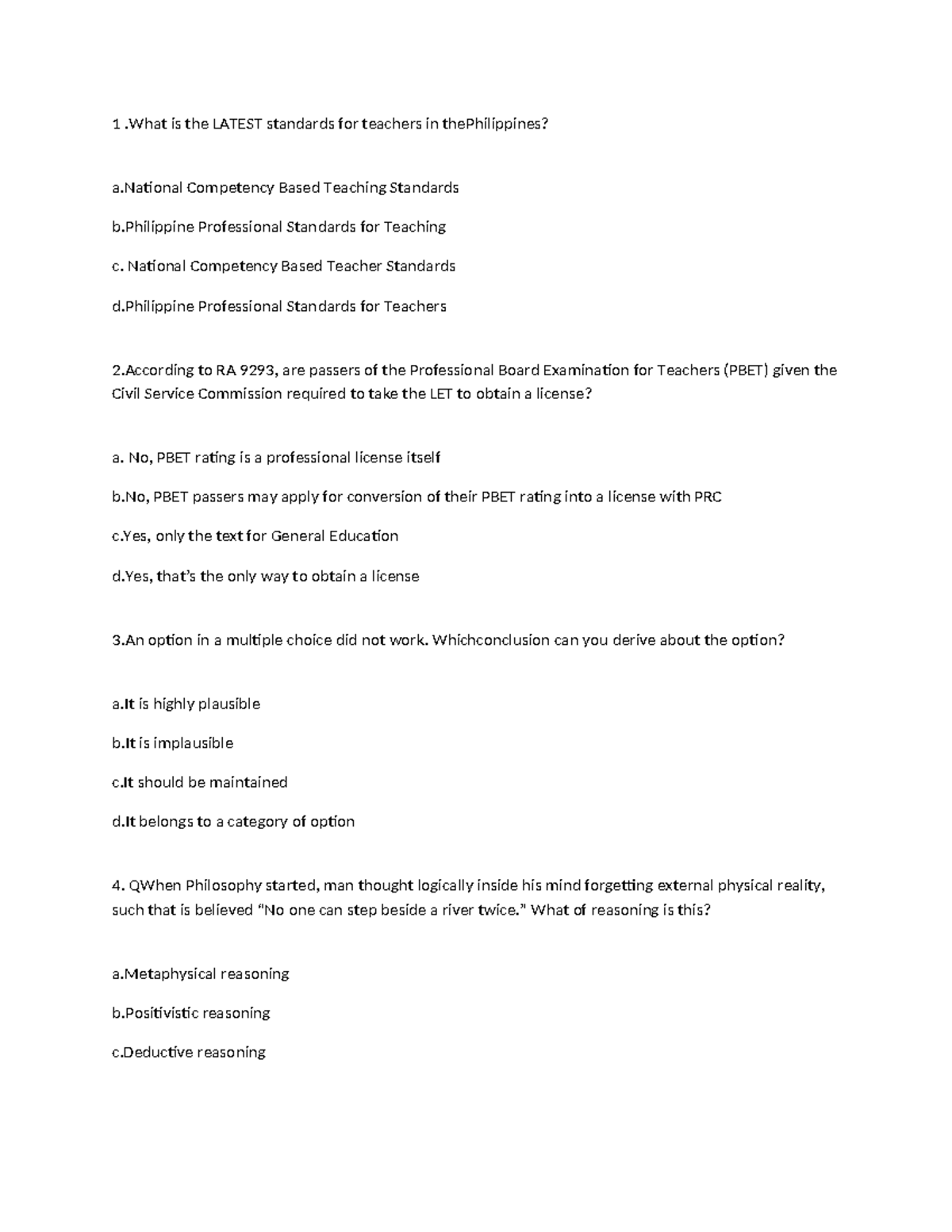 Mockboard Sample Questions for Teacher Licensure Exam (LET) - Studocu