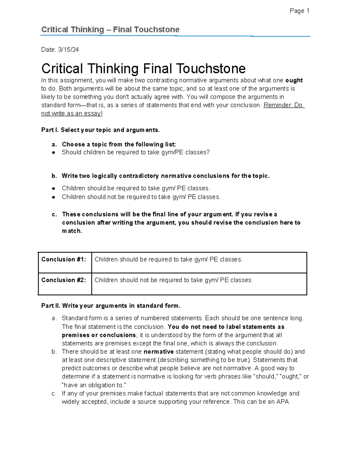 Critical Thinking CT101 Final Touchstone Argument Assignment - Studocu